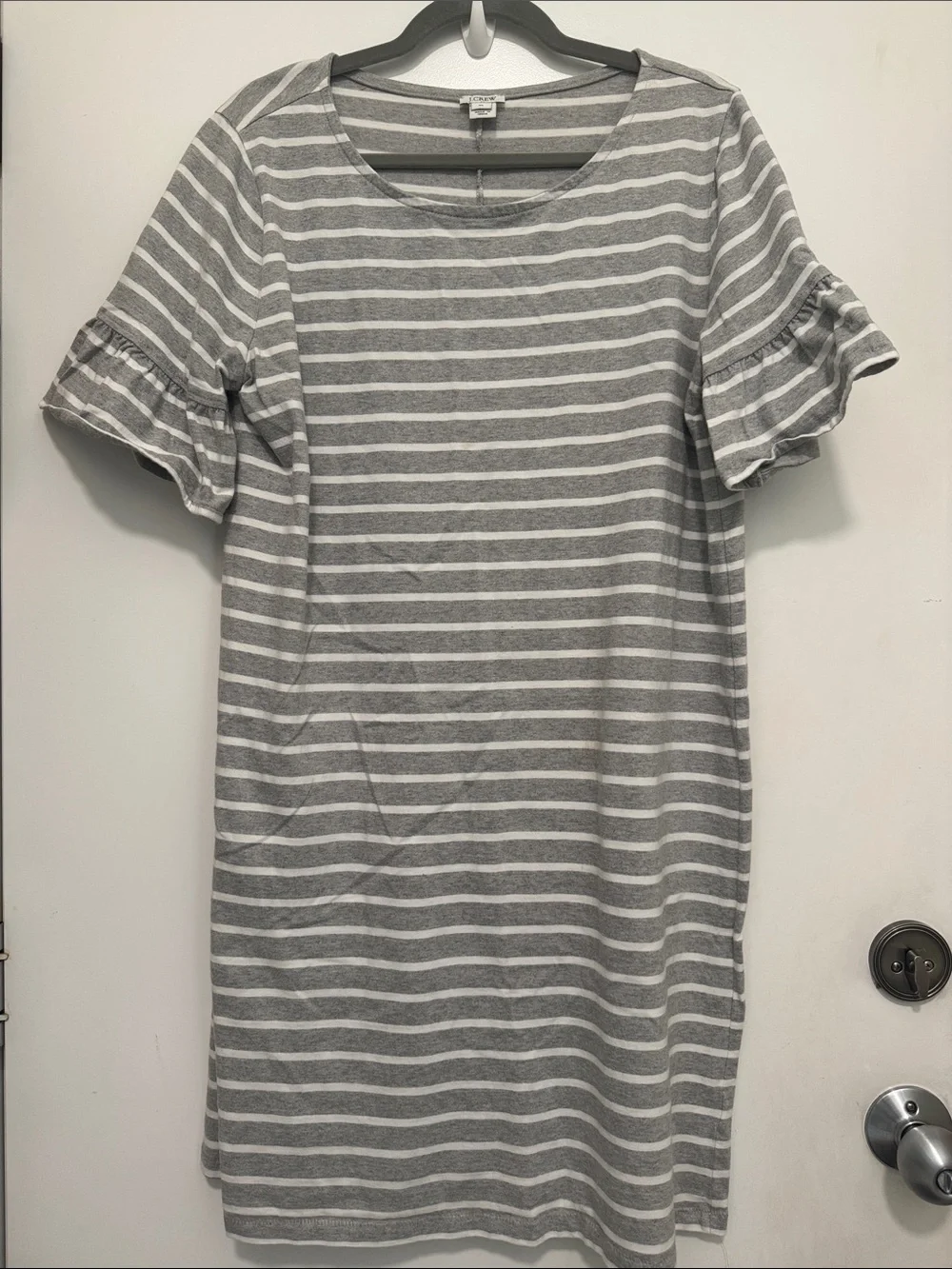 J Crew XL Gray & White Striped Ruffle-Sleeve Dress